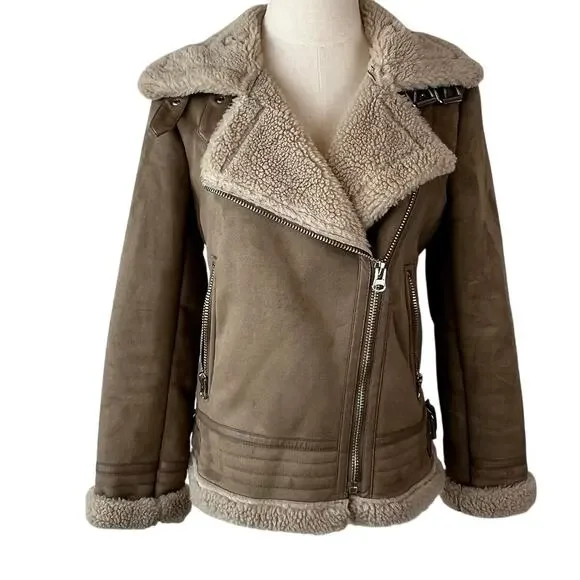 Zara Neutral Moto Jacket size XS Shearling - Picture 2 of 12